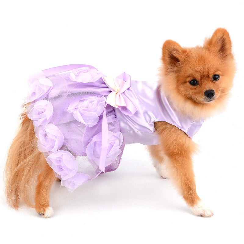 PAIDEFUL Pet Dress for Small Dog Girls Luxury Puppy Wedding Dress Rose Flower Lace Tutu Skirt Silky Bow Birthday Party Dog Clothes,Purple,Size S - Image 3